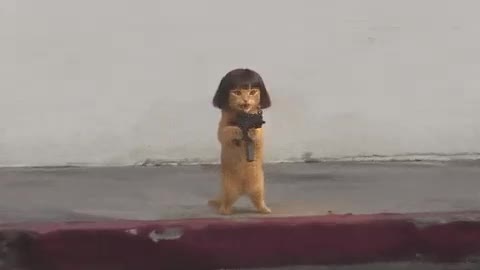 Ginger kitten with a bob haircut firing a submachine gun